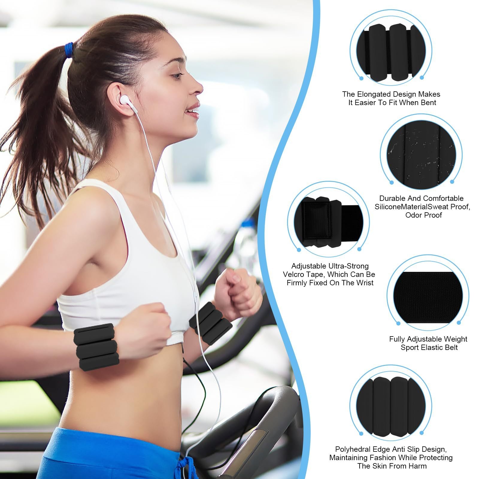 Black Adjustable Silicone Wrist & Ankle Weights - 2lb Pair (900g) | Comfortable Fitness Resistance Bands for Workout, Running, Training