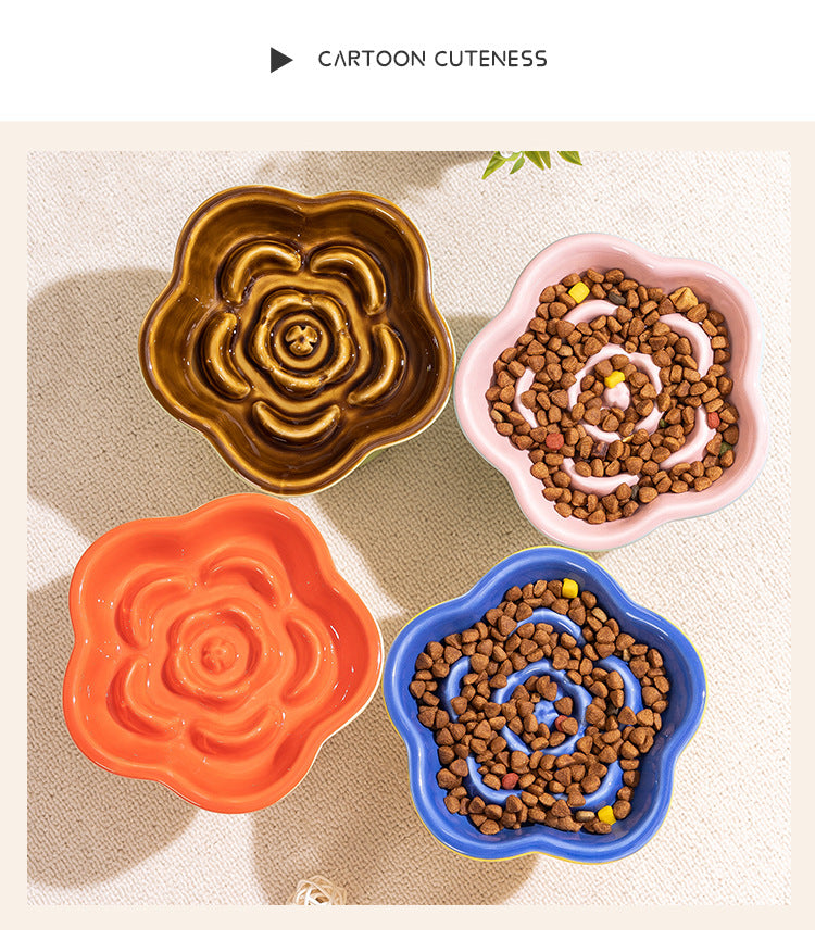 Blue and Pink Ceramic Slow Feeder Pet Bowl for Cats and Small Dogs - Anti-Choke Elevated Design with 15-Degree Tilted Rim