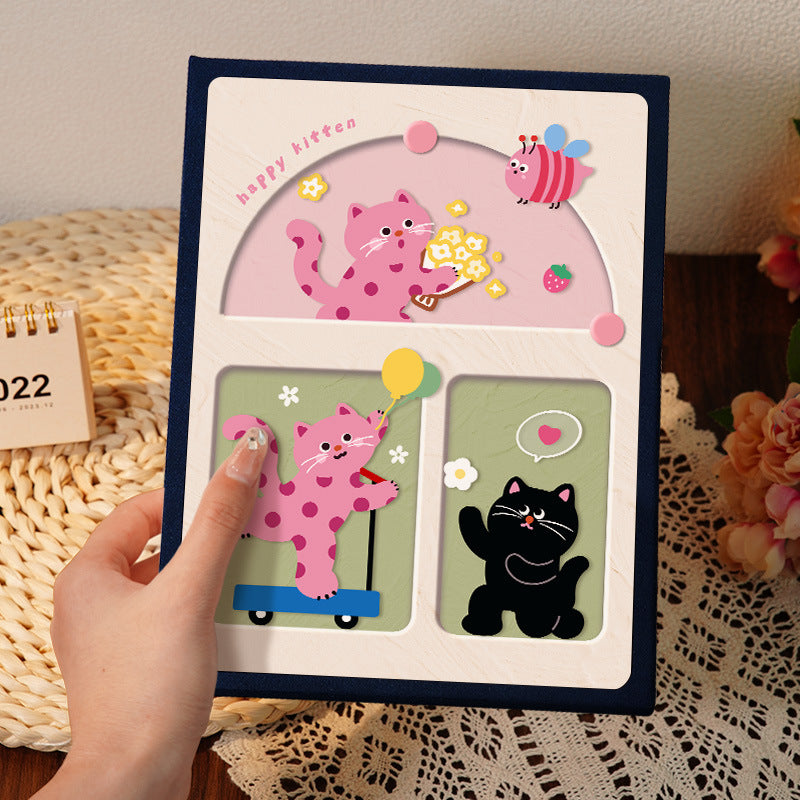 Cover 2 Colorful 7-Inch 100-Photo Cartoon Cat Album - Large Capacity Family Photo Storage Book with Suede and Crystal Cover