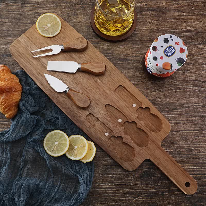 Brown And Silver Premium Acacia Wood Cheese Board Set | Charcuterie Platter with 3 Stainless Steel Knives