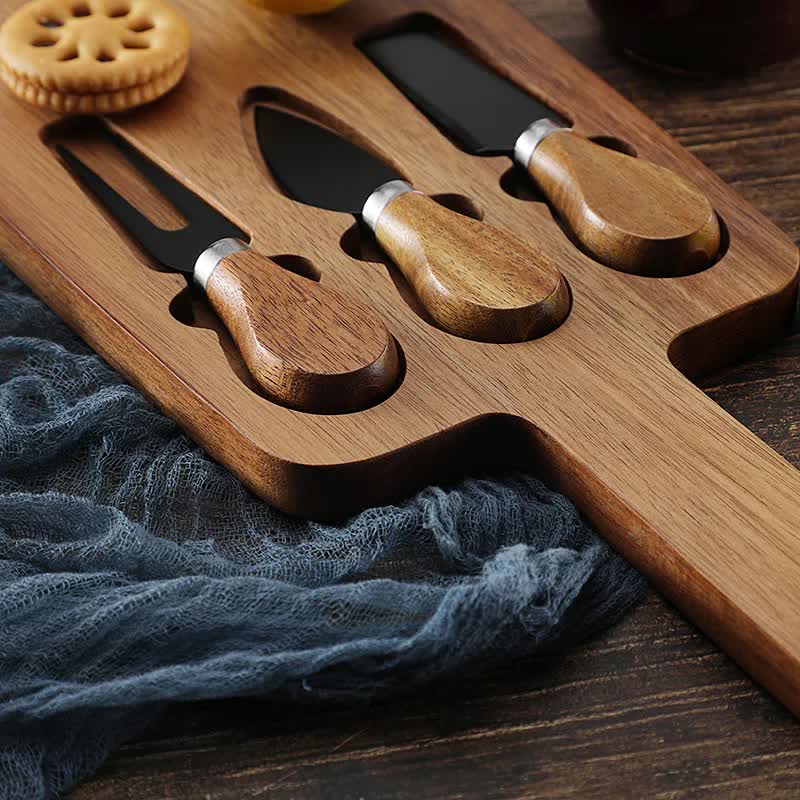 Brown And Silver Premium Acacia Wood Cheese Board Set | Charcuterie Platter with 3 Stainless Steel Knives