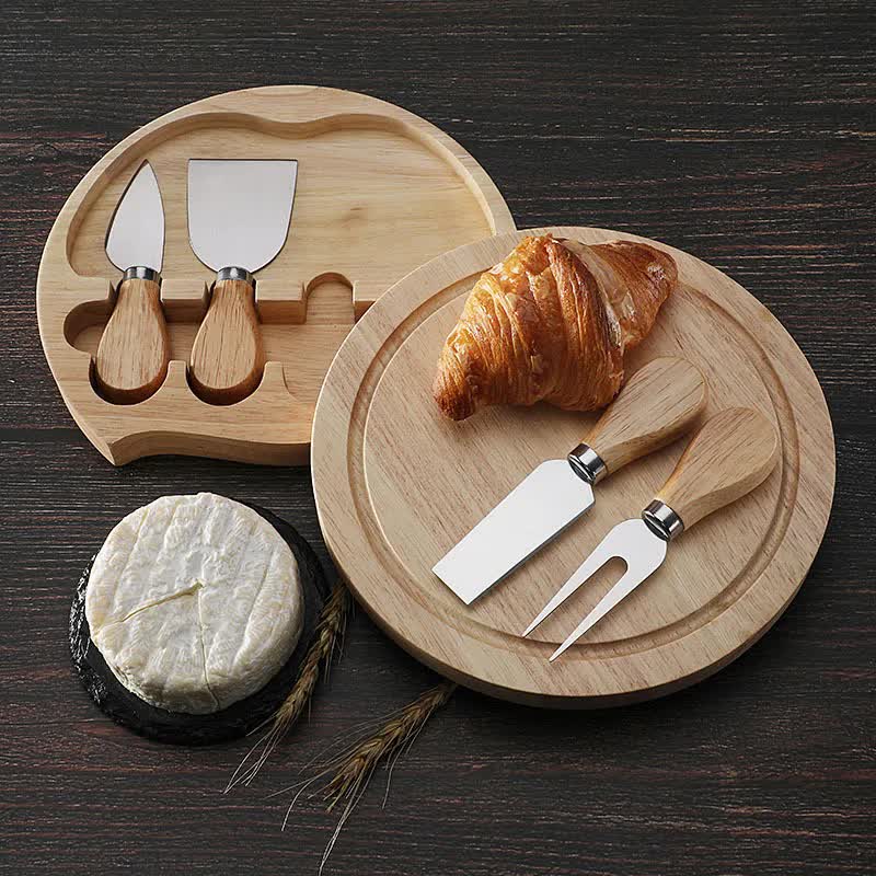 Brown And Black Compact Round Rubberwood Cheese Board Set | 4 Stainless Steel Knives & Tools