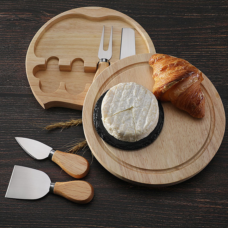 Brown And Black Compact Round Rubberwood Cheese Board Set | 4 Stainless Steel Knives & Tools