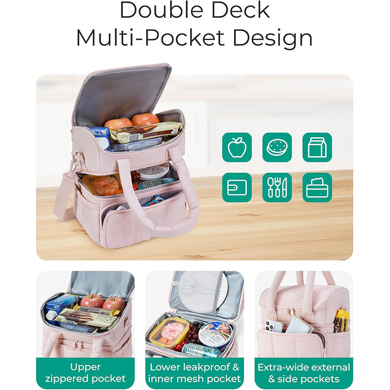 Brown Chic Double Deck Insulated Lunch Bag - Leakproof Cooler Tote for Women