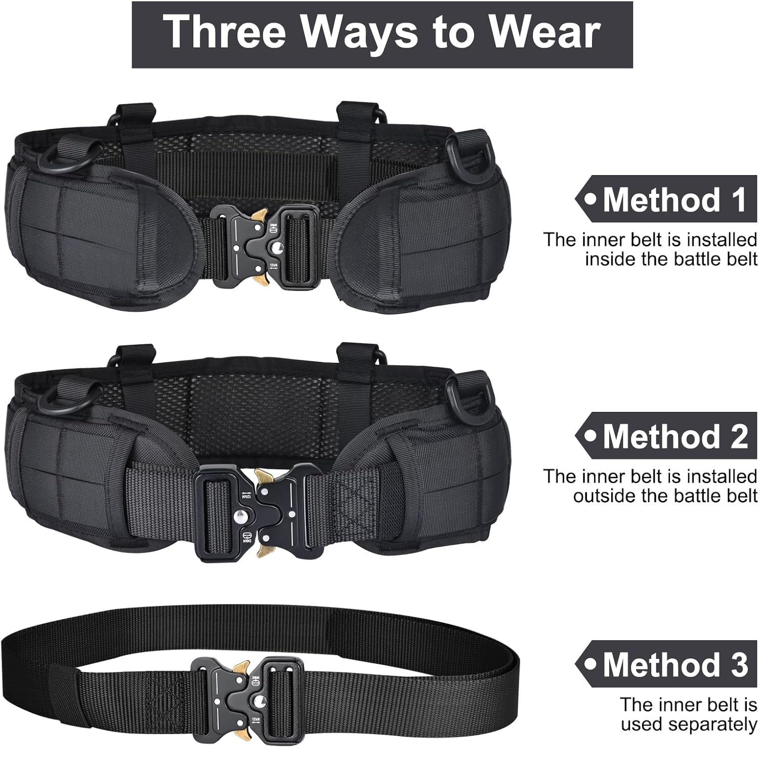 Black Adjustable Tactical Battle Belt Set - Padded MOLLE Outer & Nylon Inner Belt