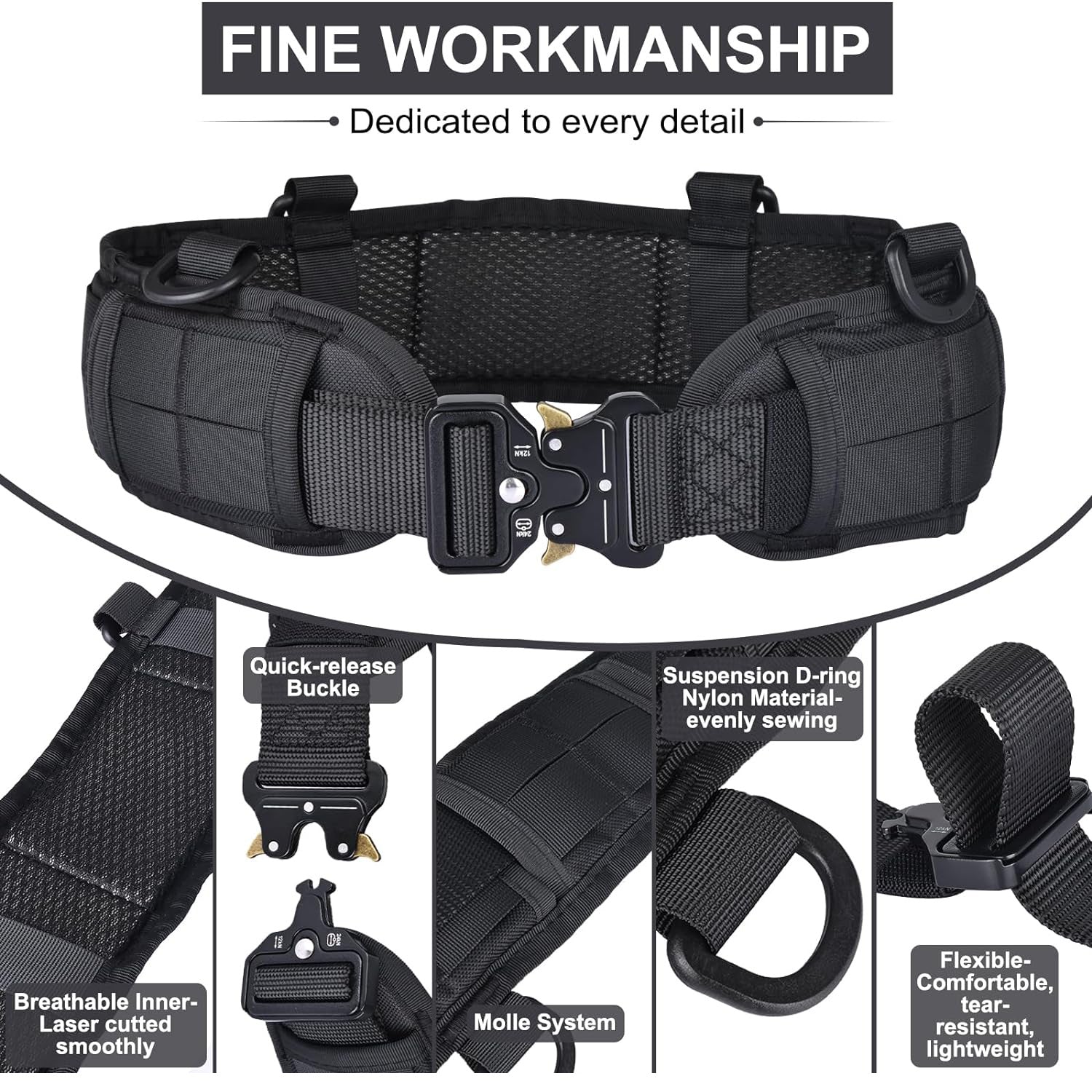 Black Adjustable Tactical Battle Belt Set - Padded MOLLE Outer & Nylon Inner Belt