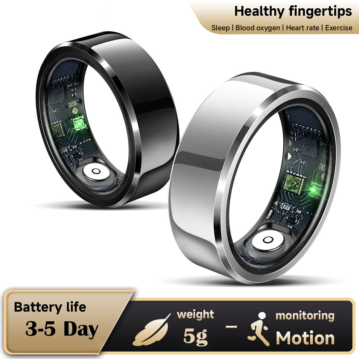 Black Round 0.74inch Smart Ring with Heart Rate and Sleep Tracking - IP68 Waterproof Fitness Tracker with Step Counter