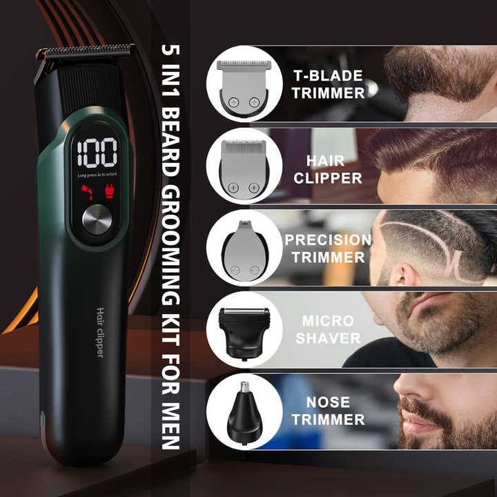 Grey 5-in-1 Digital Display Hair Clipper Set - Adjustable Multifunctional Trimmer for Hair, Beard, and Precision Grooming