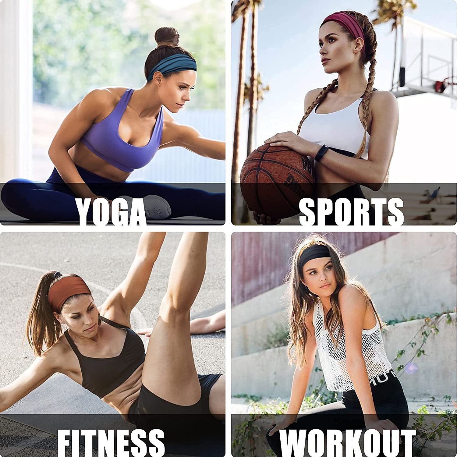 Camouflage Beige 5-Pack Wide Sports Headbands for Women - Non-Slip Yoga Headwraps with Sweat-Wicking Fabric (88% Nylon+12% Spandex)