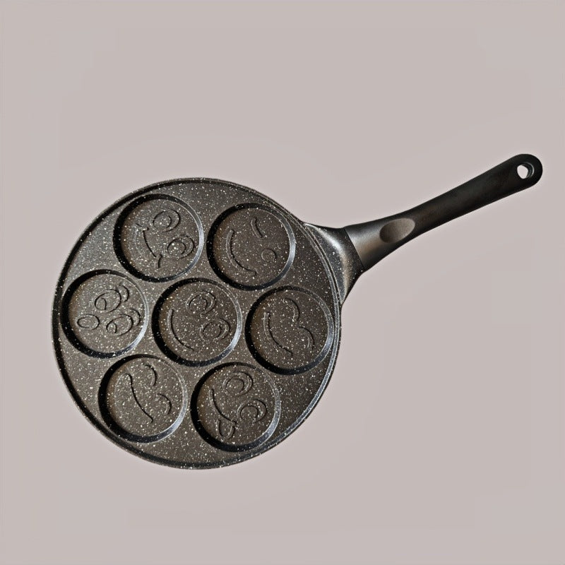 Beige Smiley + Wood Grain Handle (Gas Model) Non-Stick Pancake Pan - 7-Hole Fun Shapes Breakfast Griddle (27cm)