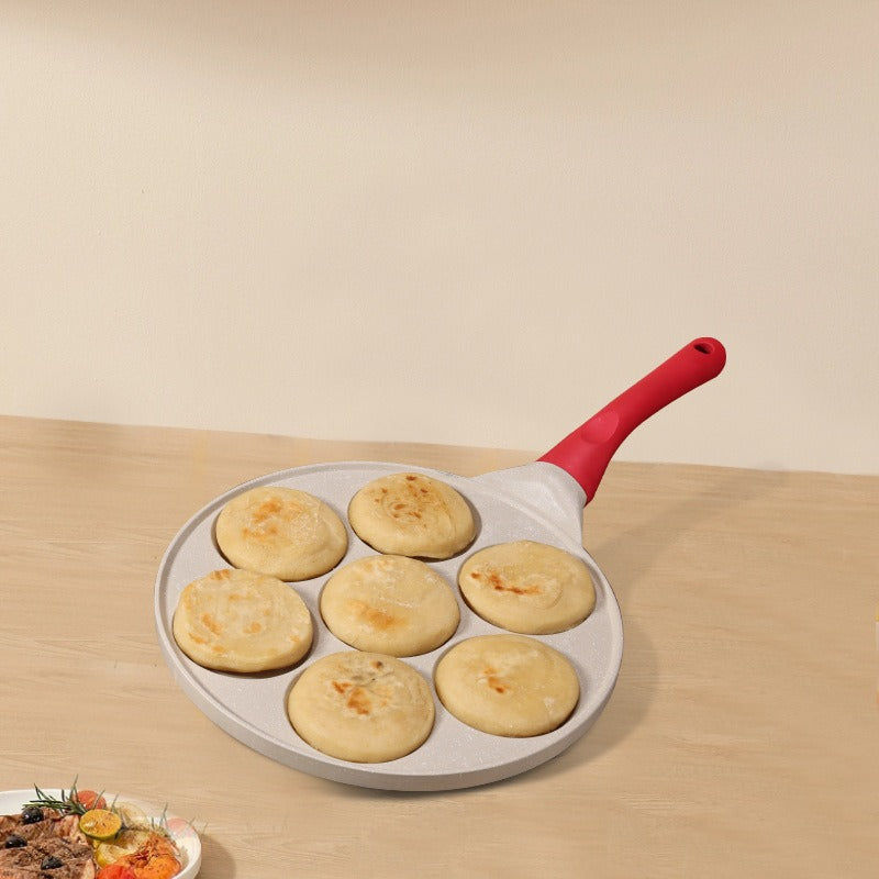 Beige Smiley + Wood Grain Handle (Gas Model) Non-Stick Pancake Pan - 7-Hole Fun Shapes Breakfast Griddle (27cm)