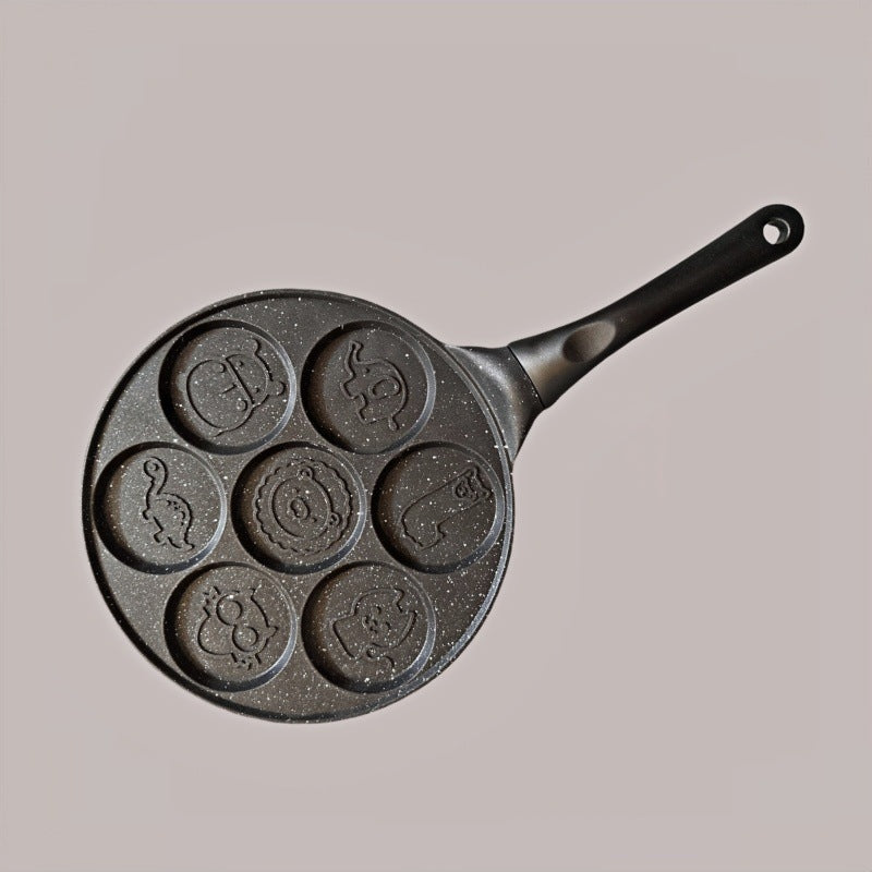 Black Cartoon + Black Handle (Gas Model) Non-Stick Pancake Pan - 7-Hole Fun Shapes Breakfast Griddle (27cm)
