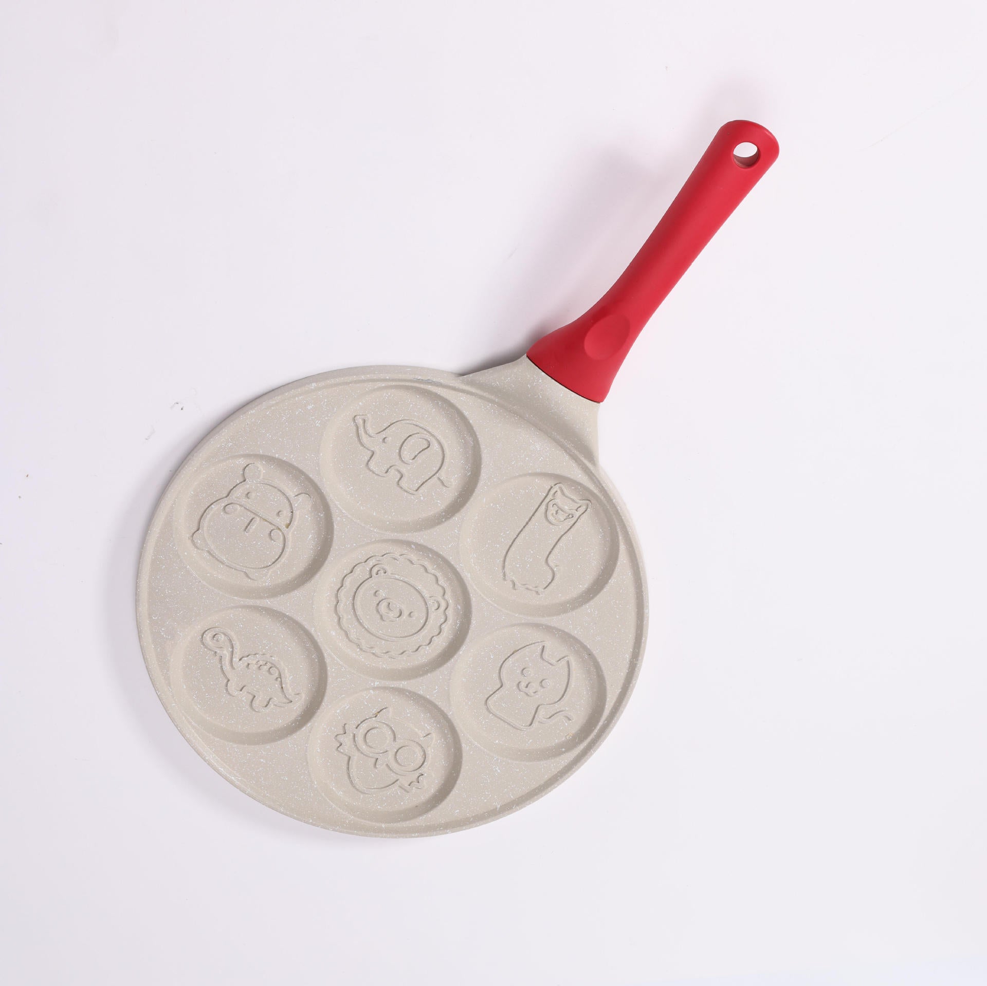 Beige Cartoon + Red Handle (Gas Model) Non-Stick Pancake Pan - 7-Hole Fun Shapes Breakfast Griddle (27cm)