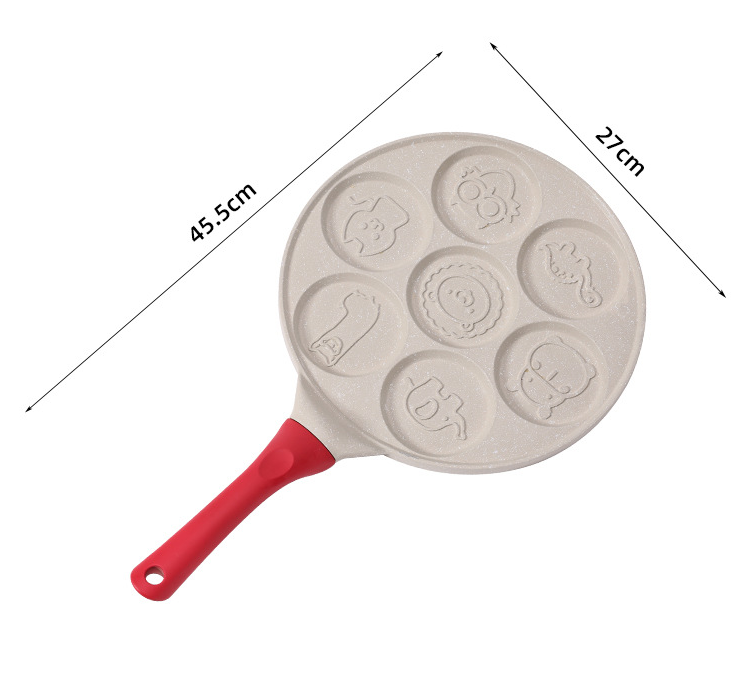 Beige Large Flat + Wood Grain Handle (Gas Model) Non-Stick Pancake Pan - 7-Hole Fun Shapes Breakfast Griddle (27cm)