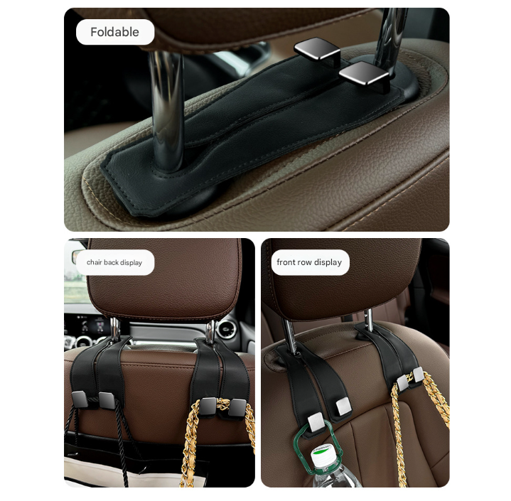 Black Heavy Duty Car Headrest Hooks (Set of 4 Units) - PU Leather Seat Back Organizer Hangers