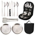 6-Piece Portable Stainless Steel Cutlery Set with Plate and Bag - Silver, Great for Camping and Travel (Steak Knife)