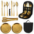 6-Piece Portable Stainless Steel Cutlery Set with Plate and Bag - Gold, Great for Camping and Travel (Steak Knife)