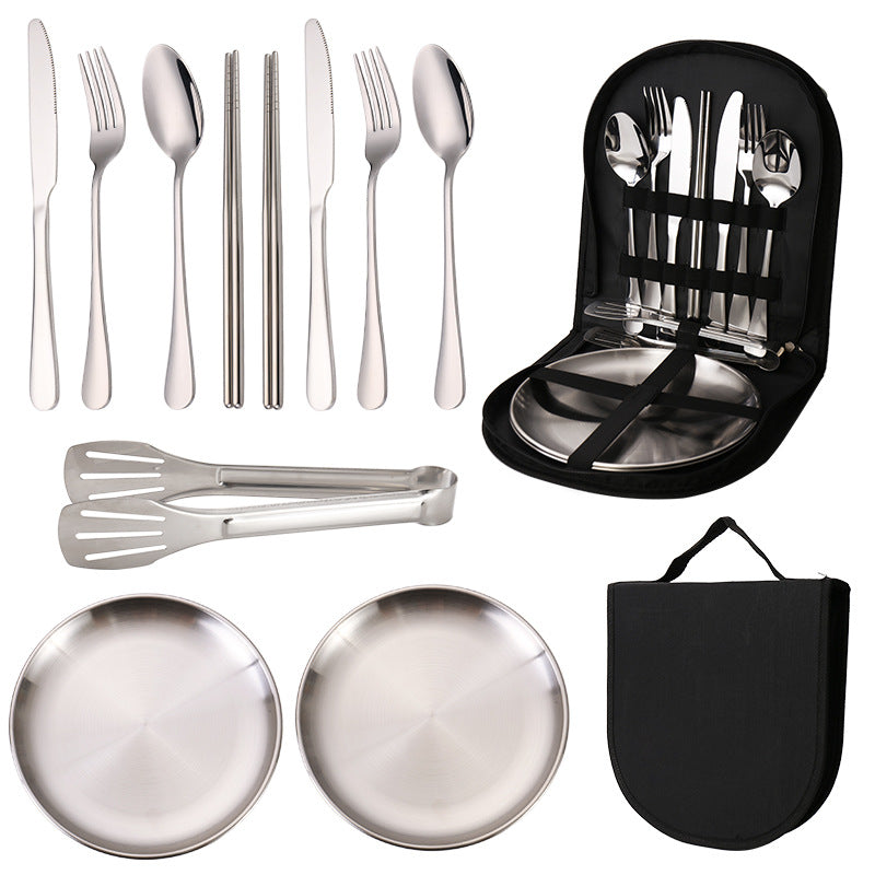 6-Piece Portable Stainless Steel Cutlery Set with Plate and Bag - Silver, Great for Camping and Travel (Chopsticks)