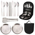 6-Piece Portable Stainless Steel Cutlery Set with Plate and Bag - Silver, Great for Camping and Travel (Chopsticks)
