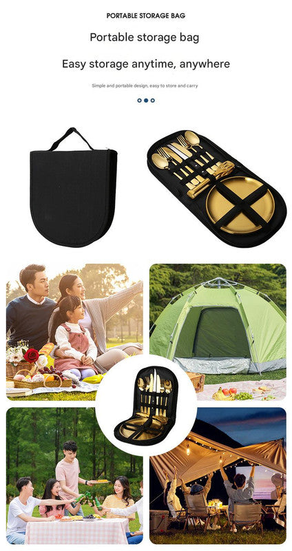 6-Piece Portable Stainless Steel Cutlery Set with Plate and Bag - Silver, Great for Camping and Travel (Chopsticks)