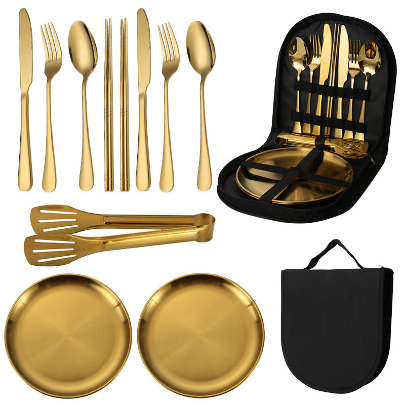 6-Piece Portable Stainless Steel Cutlery Set with Plate and Bag - Gold, Great for Camping and Travel (Chopsticks)