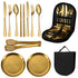 6-Piece Portable Stainless Steel Cutlery Set with Plate and Bag - Gold, Great for Camping and Travel (Chopsticks)
