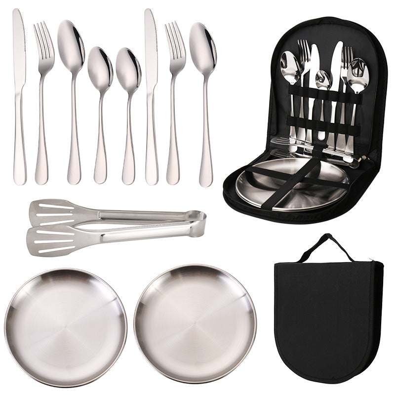 6-Piece Portable Stainless Steel Cutlery Set with Plate and Bag - Silver, Great for Camping and Travel (Teaspoon)
