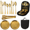 6-Piece Portable Stainless Steel Cutlery Set with Plate and Bag - Gold, Great for Camping and Travel (Teaspoon)