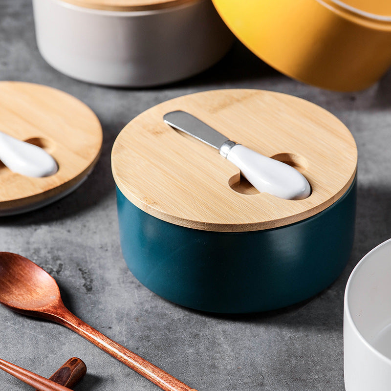 White Nordic Ceramic Butter Dish with Knife - Airtight Cheese Container with Bamboo Lid, Kitchen Storage