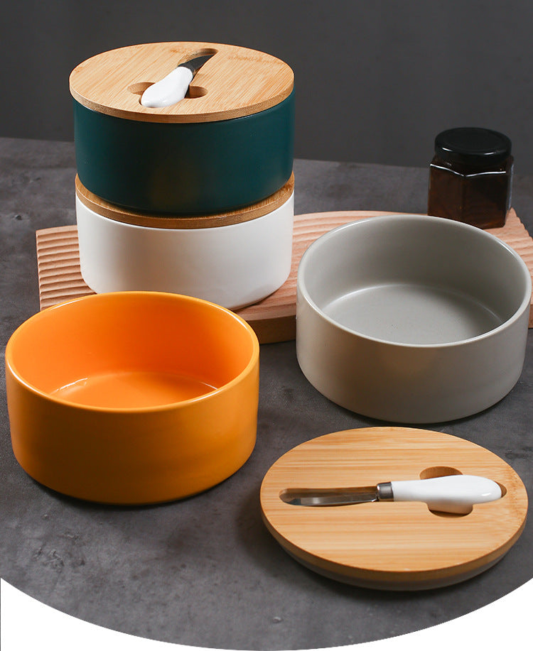 White Nordic Ceramic Butter Dish with Knife - Airtight Cheese Container with Bamboo Lid, Kitchen Storage
