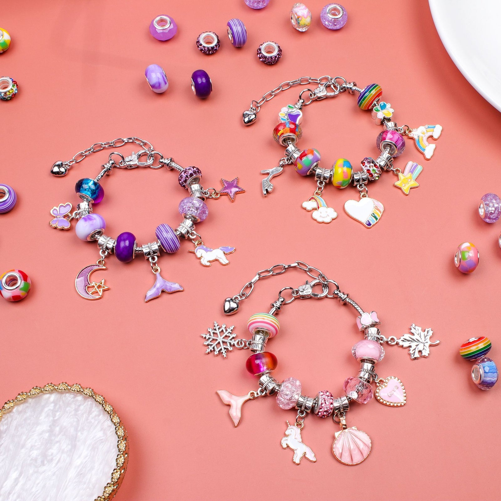 Unicorn DIY Beaded Bracelet Kit for Kids - Red Crystal Beads and Charms Jewelry Set with Gift Box
