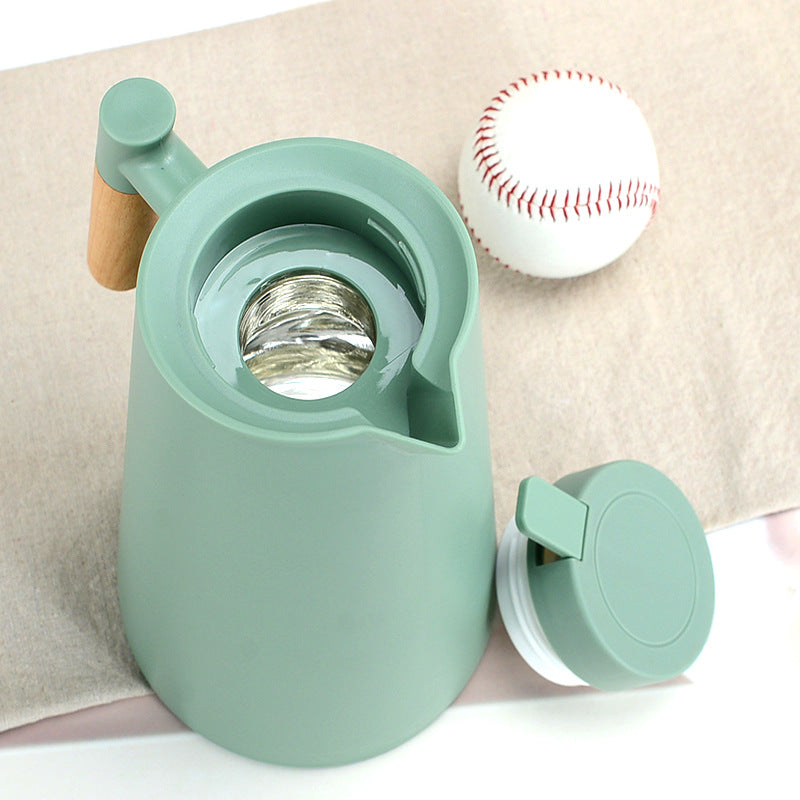 1000ml Black thermos bottle with wooden handle, double-layer glass liner coffee pot, suitable for hot and cold drinks