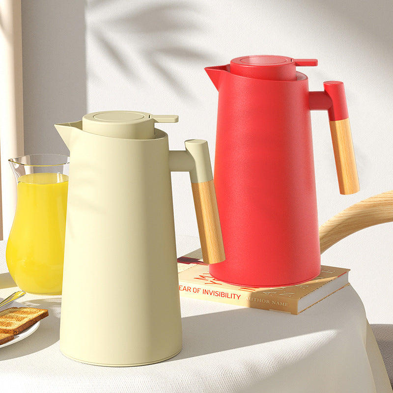 1000ml Red thermos bottle with wooden handle, double-layer glass liner coffee pot, suitable for hot and cold drinks