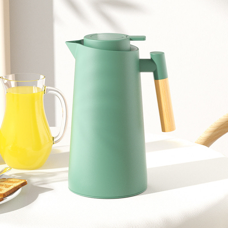 1000ml Bamboo Green thermos bottle with wooden handle, double-layer glass liner coffee pot, suitable for hot and cold drinks