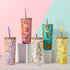 304 Stainless Steel Insulated Tumbler,Cartoon Design Portable Straw Cup for Home and Office(Lotus color)
