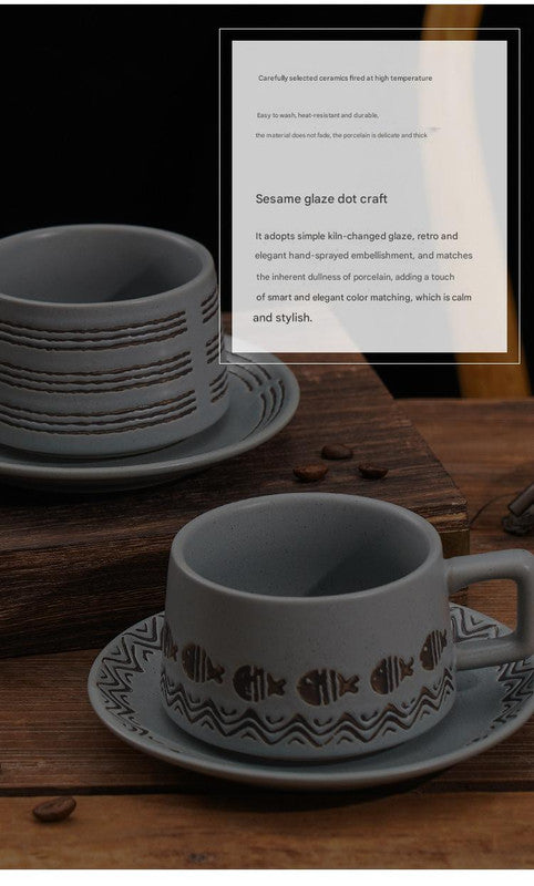 Vintage Ceramic Coffee Cup and Saucer Set - Elegant Afternoon Tea Set(Wave Fish Gray)