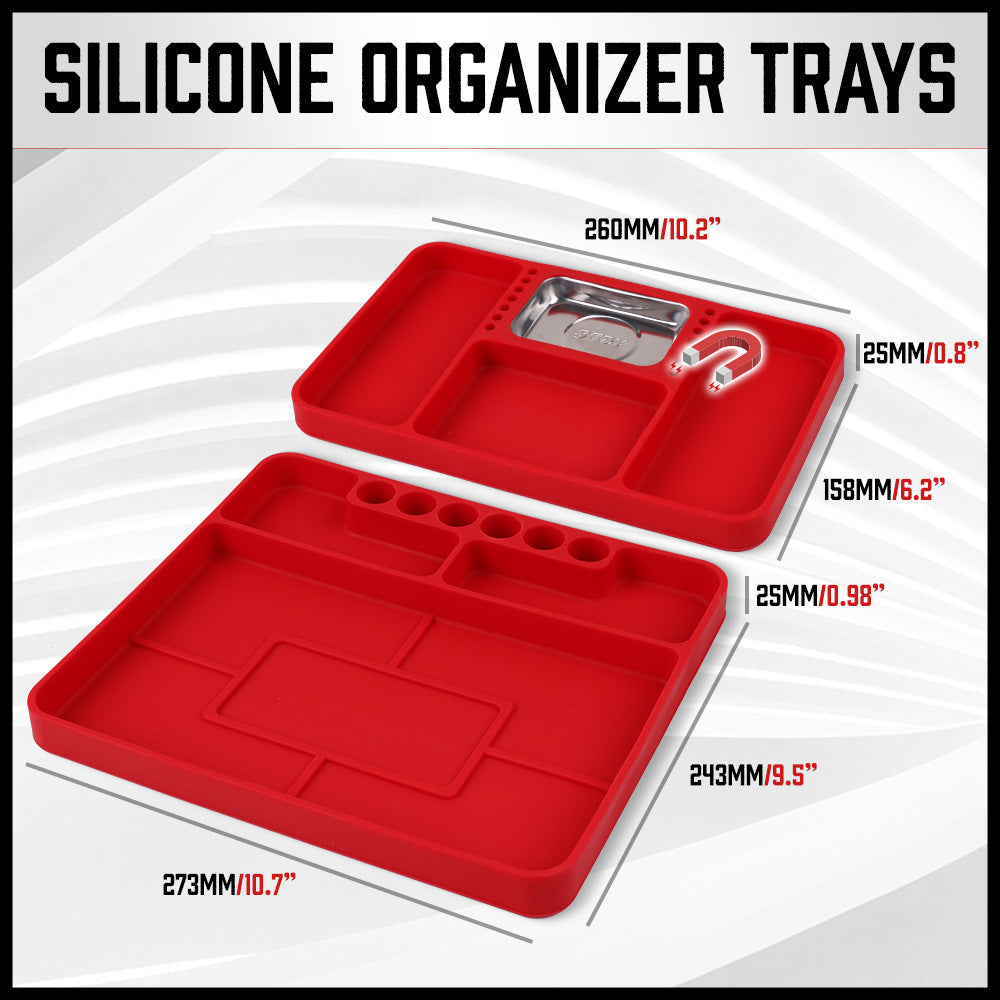 Set of 2 Non-Slip Flexible Silicone Tool Organizer Trays with Magnetic Parts Holder