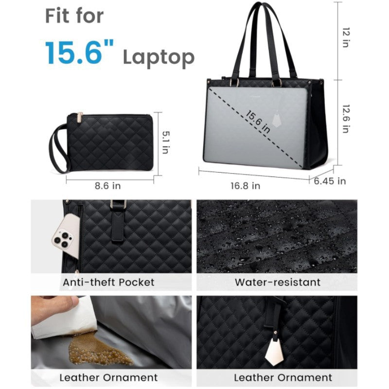 Stylish Quilted Laptop & Lunch Tote Bag , Water-Resistant with Insulated Compartment & Clutch(Beige)