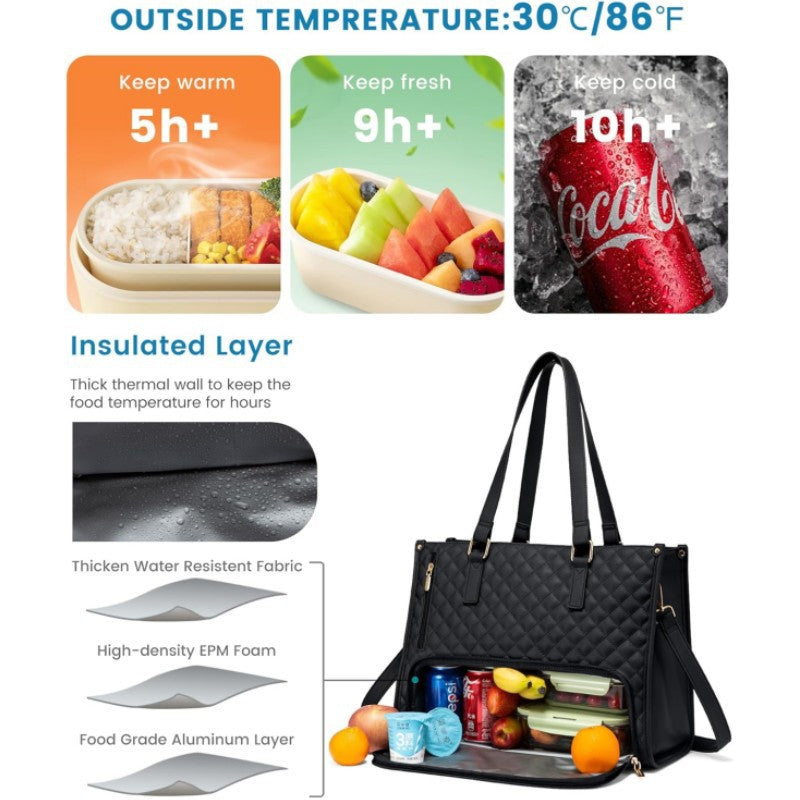 Stylish Quilted Laptop & Lunch Tote Bag , Water-Resistant with Insulated Compartment & Clutch(Beige)