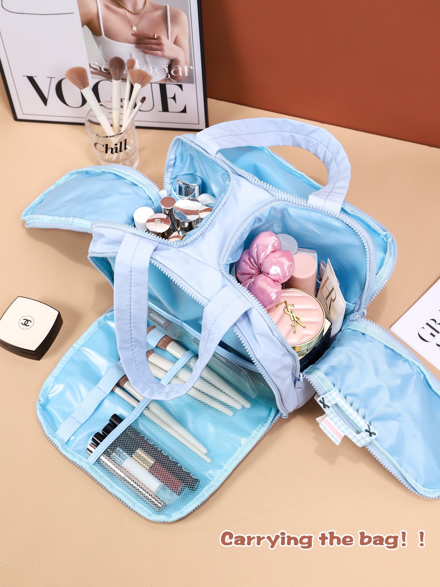 Portable Multi-Compartment Travel Toiletry & Makeup Organizer Bag with Brush Holders(Light purple)