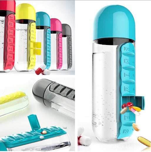 2pc 2-in-1 Water Bottle with 7-Day Pill Organizer - 600ml BPA-Free, Portable & Leakproof(black)