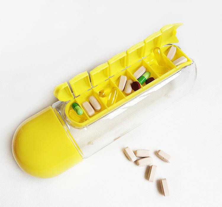 2pc 2-in-1 Water Bottle with 7-Day Pill Organizer - 600ml BPA-Free, Portable & Leakproof(black)