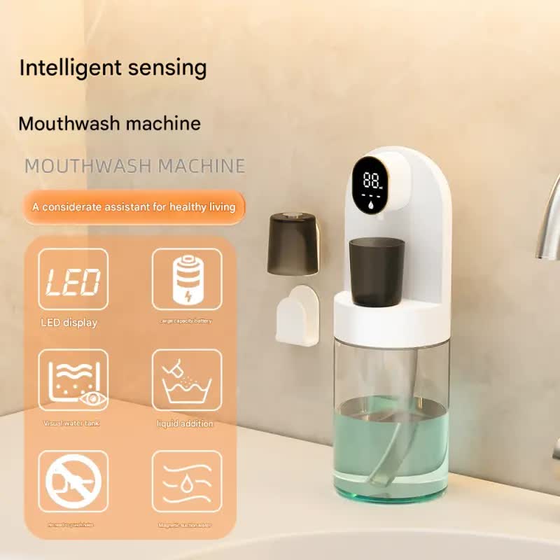 Smart Automatic Mouthwash Dispenser - 4 Adjustable Levels, LED Display, 2000mAh Battery & Magnetic Cups(black)