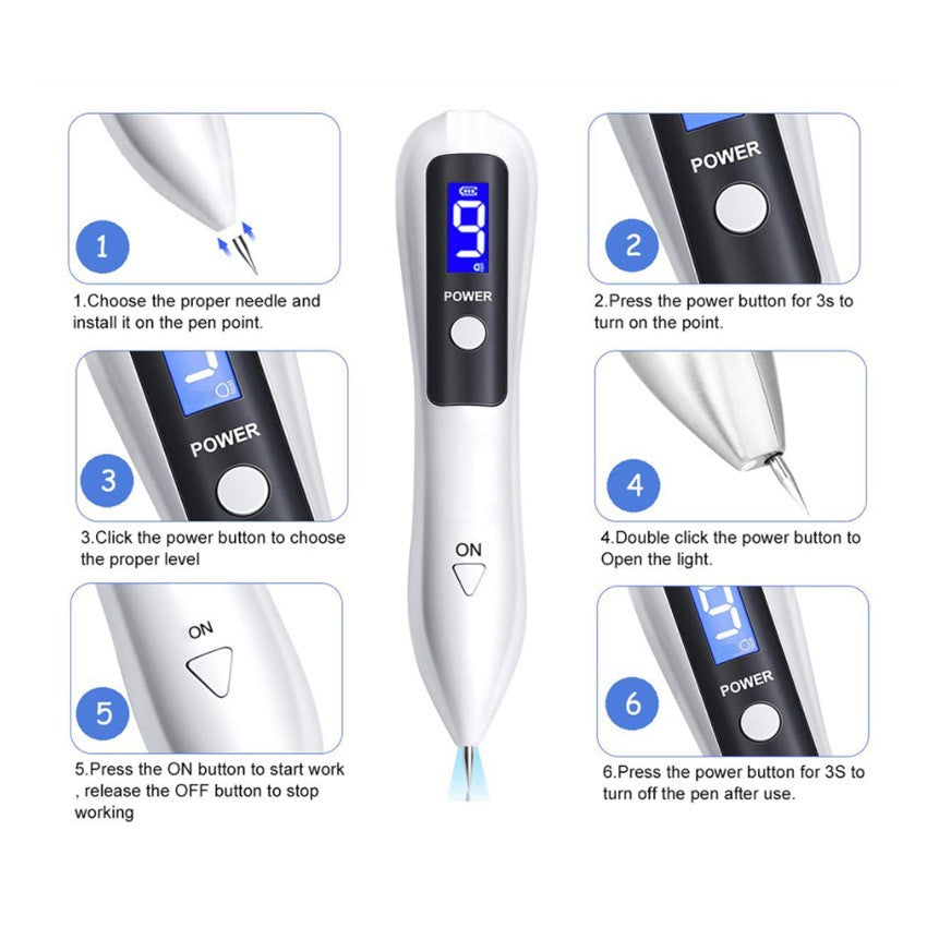 Professional 9-Level Skin Tag & Mole Remover Pen - USB Rechargeable with LED Display & Multiple Needles(Silver)