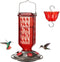 Elegant Hanging Hummingbird Feeder - Decorative Glass Nectar Bottle with Ant Moat, 6 Feeding Ports(Red)