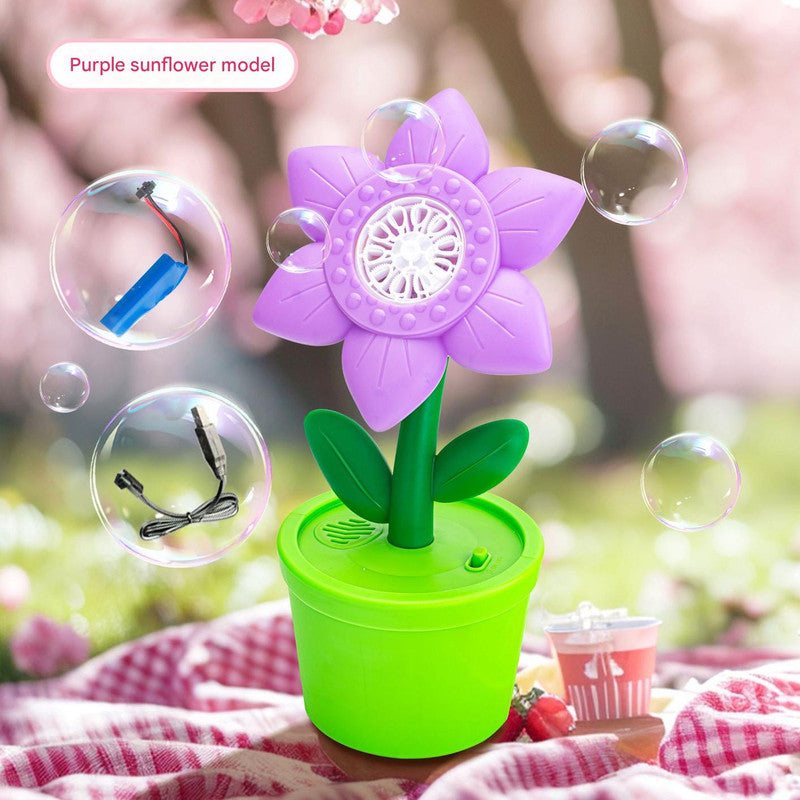 Electric Flower Bubble Machine with Music - Rechargeable, 10-Hole Output(Purple)