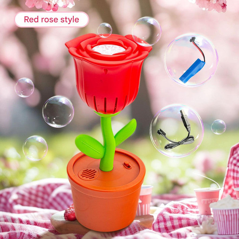 Electric Flower Bubble Machine with Music - Rechargeable, 10-Hole Output(Red)