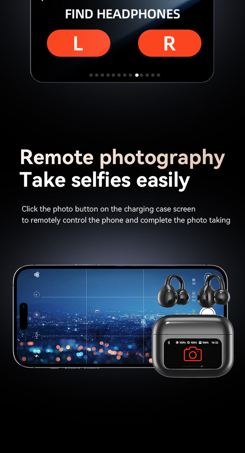 Smart TWS Earbuds with Full Touch Screen Case - Wireless 5.4, Open-Ear, Noise Reduction(black)