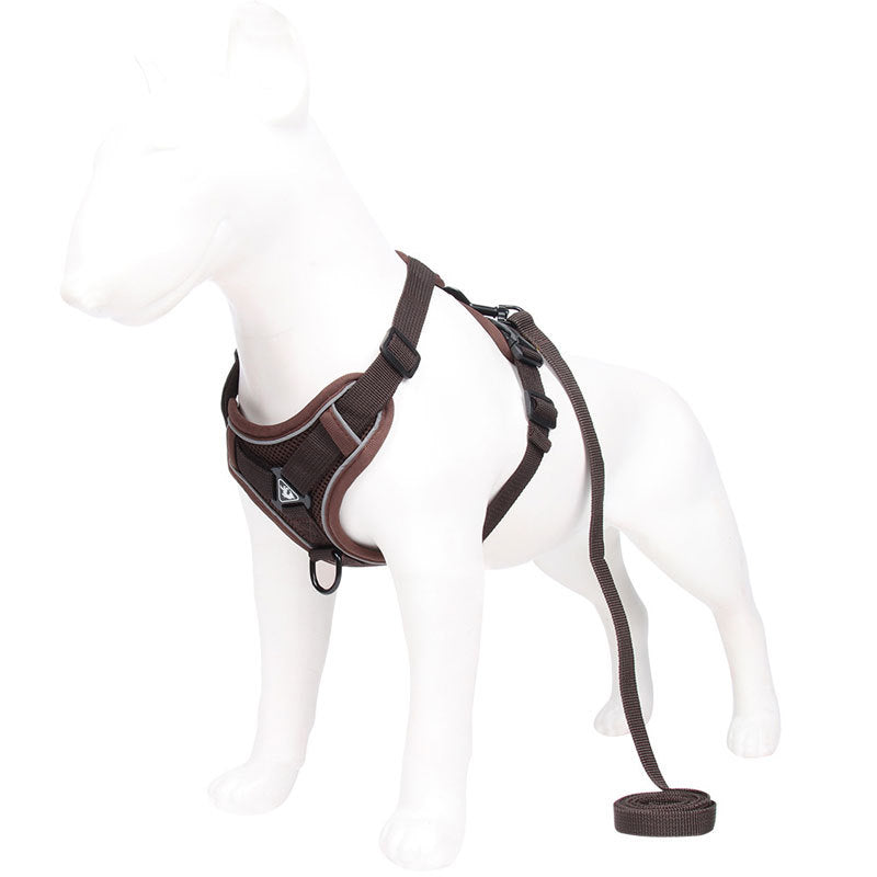 Brown Reflective Mesh Dog Harness and Leash Set - Adjustable No-Pull Vest - L