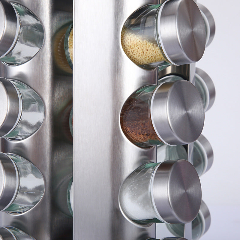 Modern stainless steel round rotating spice rack with 12 empty glass jars (88 ml each)